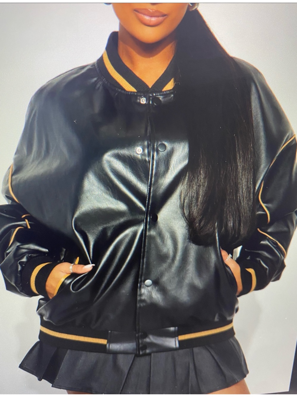 NWT Fashion Nova Black Varsity Faux Leather Jacket with Gold Trim - Picture 5 of 14